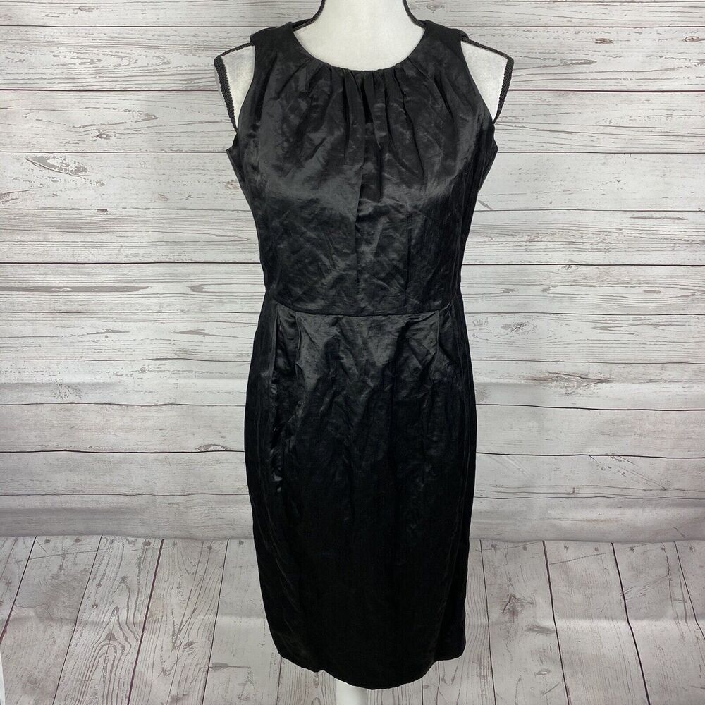 Eileen Fisher Womens Sheath Dress Sz XS Shiny Black Metallic Sleeveless Pleated